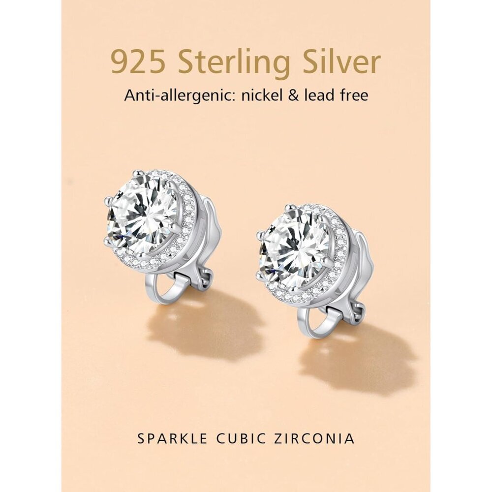 925 Silver Round Birthstone Clip-On Earrings for Women Girls Sparkling Zirconia - Picture 3 of 9